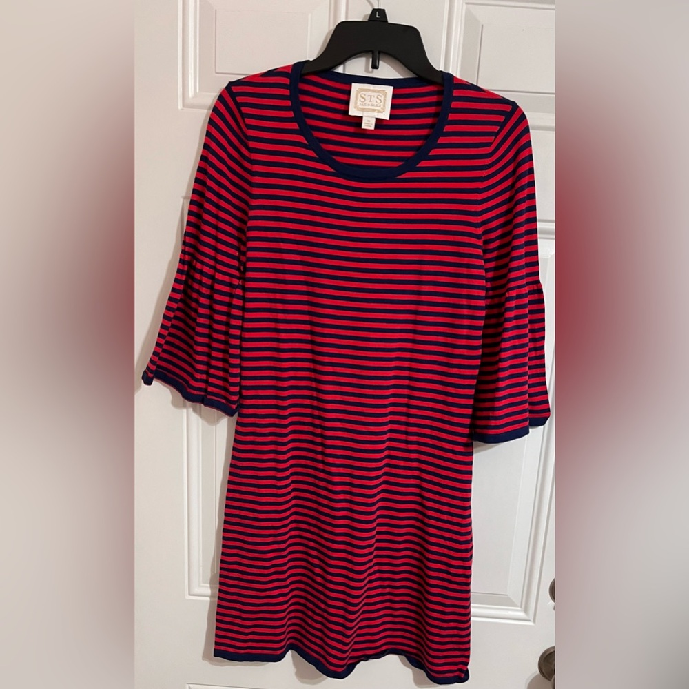Sail To Sable Red Navy Striped Shift Dress Medium Bell Sleeves Crewneck Nautical